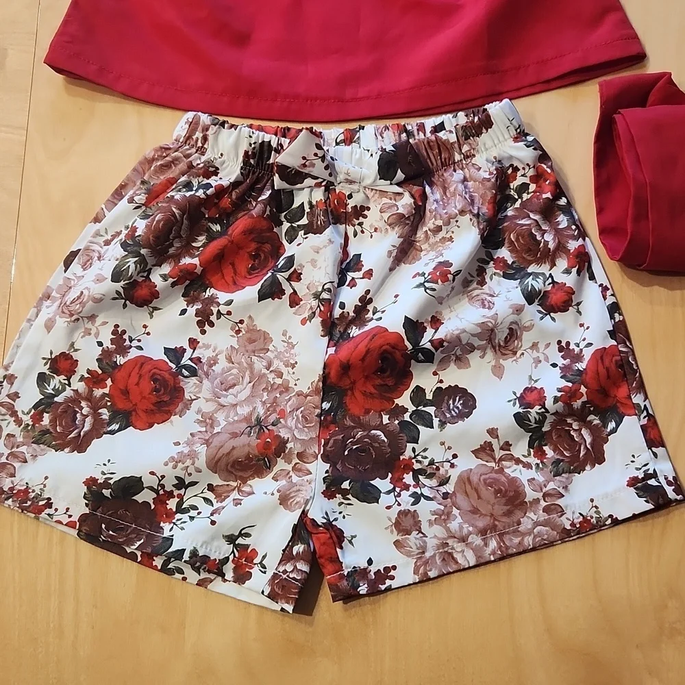 Shein' Red Off-Shoulder Top and Floral Shorts Set. Size 5